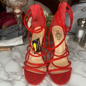 Bomb Red heels with zipper back strap